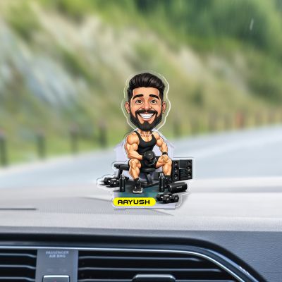 Personalized Gym Workout Bobblehead Caricature Custom with Face Cutout & Name, Fitness Theme Home Decor Tabletop Gift for Gym Lover Battery Powered with Moving Head